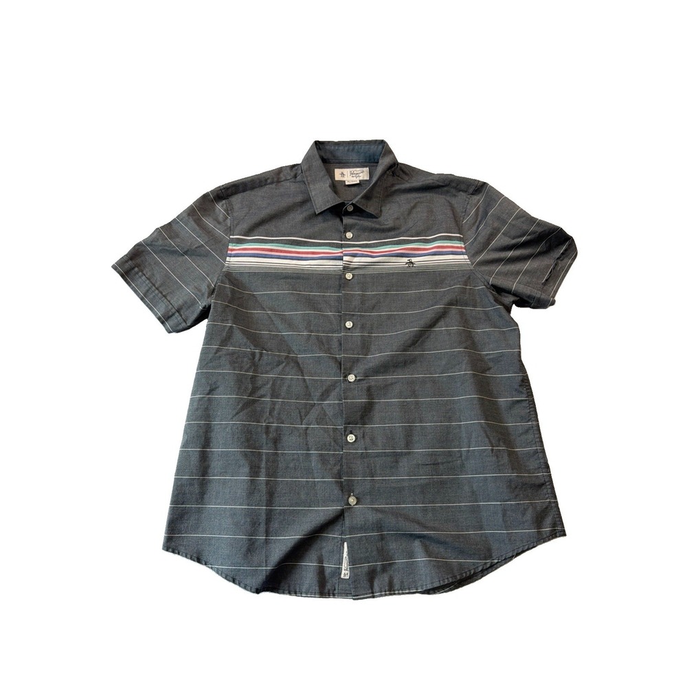 Penguin Multi Striped Short Sleeve Button Down Shirt Mens XL Gray Retro Skater